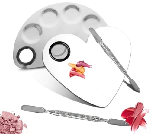 Healifty Stainless Steel Makeup Mixing Palette Set Handheld Cosmetic Mixing Plates with 2 Spatulas for Foundation Lipstick Nail Art Salon Use Portable Artist Tool