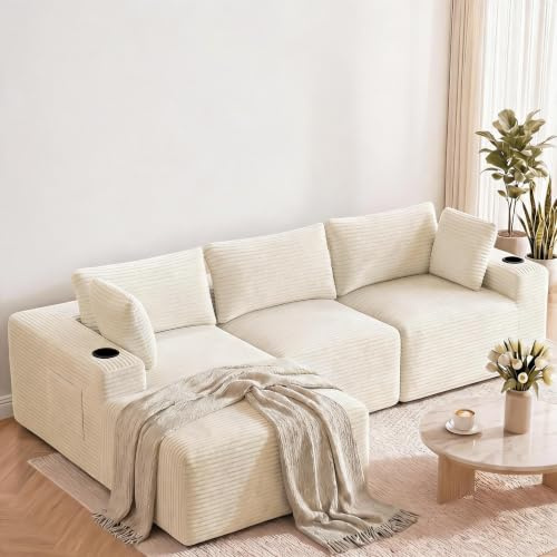 HAUSPROFI Sofá esquinero con función de Dormir (Beige Largo)