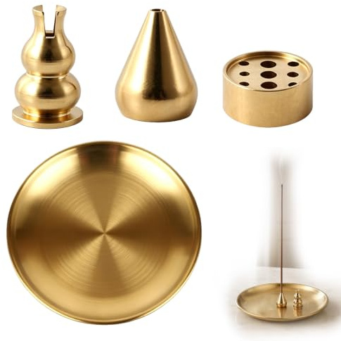 Set 4 Porte Encens Laiton - 14cm Plateau Support Bâtonnet Cône Spiral | Support En Laiton Avec Plateau À Cendres 14cm 4 Pièces Modulables 4 Tailles De Trous Pour Encens Japonais Indien Cône Spirale