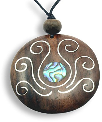 Island Piercings Halskette Design Anhänger aus Holz mit Abalone Permutt und Edelstahl längenverstellbar N148