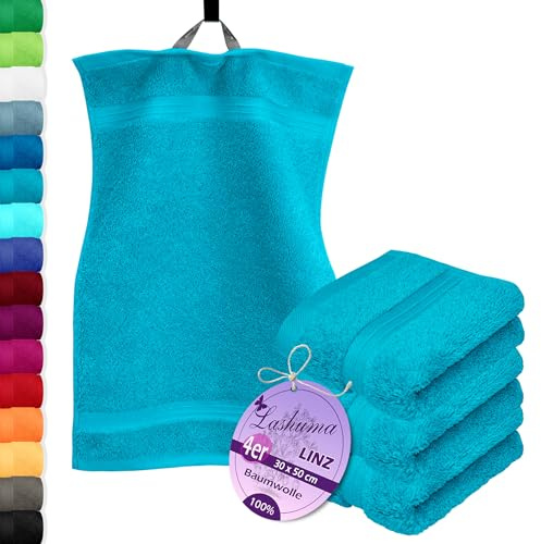 Lashuma 4X Gästetuch 30x50 cm, Handtuchset Blau - Aquamarin, Linz Handtücher klein