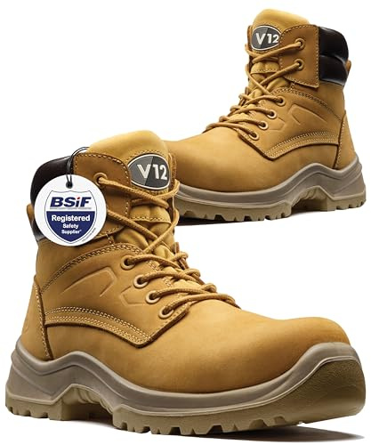 V12 Bobcat S1P SRC Derby Safety Boot - Honey Nubuck Leather, Anti-Penetration Midsole, Composite Toe Cap | Certified EN ISO 20345