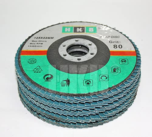 HKB ® 5 Stück Fächerschleifscheibe Korn 80, Schruppscheibe, Schleifmop, 125x22mm, blau, Zirkon,für Edelstahl, Metall, INOX, für Flex und Winkelschleifer, Hersteller HKB, Art-Nr. 50086
