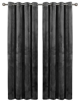 Aspire Homeware Grey Eyelet Curtains 66x90 (2 Panels) with Tie Backs - Fully Lined Velvet Curtains for Bedroom, Window Curtain for Living Room (168cm x 228cm)