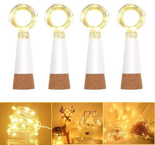 Dumcuw USB wiederaufladbare Flaschenlichter mit Korken, 15 LED Warmweiß Kupfer Lichterkette, wasserdicht – Party, Hochzeit & DIY Deko(Warm Weiß, 4er-Pack)