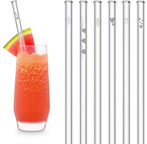 HALM Original Glas Strohhalme mit gravierten Herz Symbolen | 6 Stück 20cm mit Reinigungsbürste | Herzchen Geschenk Freundin Mann für Jahrestag und Valentinstag | Liebesgeschenke für Männer und Frauen