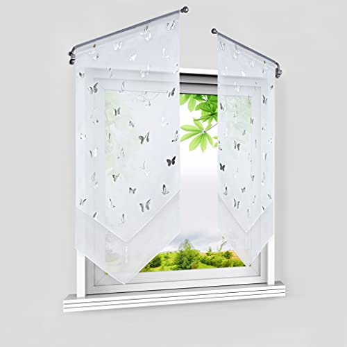 HeichkelL Voile Scheibengardine mit Silberner Schmetterling Bistrogardinen 2er Set Panneaux Doppelschicht Kurzstore Modern Küchenvorhang mit Quaste Weiß BxH 40x90 cm 2 Stück