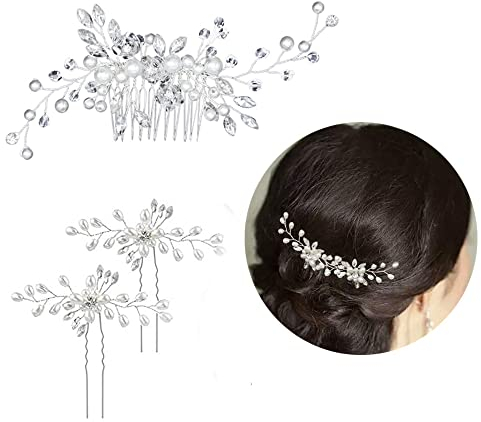 Braut Hochzeit Haarkamm, 3 Stück Folien Perle Haarspange Kristall Rebe Silber Strass Haarnadeln Braut Blume Kopfschmuck für Haarschmuck Frauen Mädchen Hochzeit