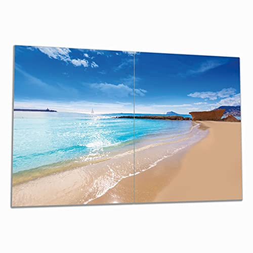 Wallario Herdabdeckplatte/Spritzschutz aus Glas, 2-teilig, 80x52cm mit 8 mm hohen Füßen, für Ceran- und Induktionsherde, Traumstrand unter blauem Himmel