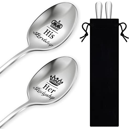EBOOT 2 Pcs His Lordship and Her Ladyship Coffee Spoons with Gift Box | 2 engraved stainless steel spoons, His Lordship and Her Ladyship design, 19 x 3 cm, boxed gift for weddings and anniversaries