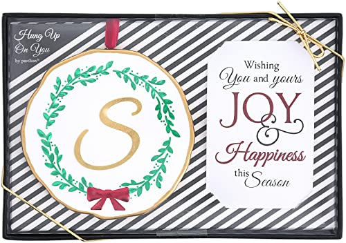 Pavilion Gift Company Christmas Monogrammed Ornament - 4” Gold and White with Holly and Red Bow Round Holiday Keepsake Gift - Initial S - Gift Ready Packaged Set