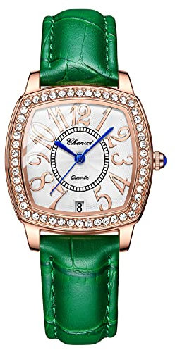 JewelryWe Uhren Damen Analog Quarz Armbanduhr Klassisch Elegant Strass Rechteckig Datum Kalender 30m Wasserdicht Geschäfts Beiläufige Uhr mit Echtleder Leder Armband Grün