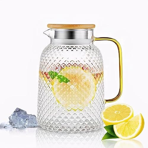 YBCPACK 1.8 Litre Glass Water Jug with Lid, Large Heat Resistant Carafe Pitcher with Handle for Hot/Cold Drinks - Water, Tea, Juice, Sangria, Cocktail, Cold Brew