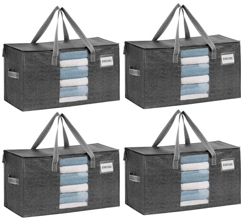 VENO 4er-Pack Umzugstaschen XXL(87 Liter) mit Sichtfenster, Faltbare Aufbewahrungstasche, Starke Griffe & Reißverschluss, Alternative zu Umzugskartons für Kleidung, Schwarz