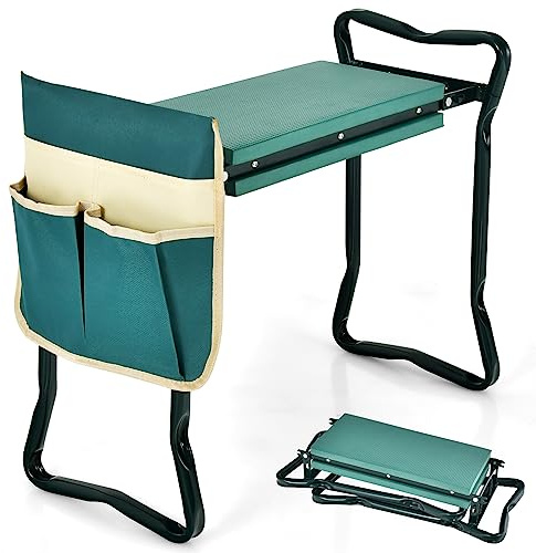 RELAX4LIFE - Taburete plegable para jardín, con bolsas de herramientas, cojín grueso en Eva carga 150 kg, banco de jardinería versátil, 58 x 27,5 x 49 cm (taburete Plus+| 1 bolsa, verde)
