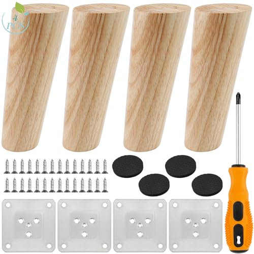 JYUHA 4 PCS 12 cm Wood Furniture Legs, Replacement Solid Wooden Sofa Legs Tapered Wooden Furniture Legs with Mounting Plate Pad & Screws for Sofa Cabinet Chair Dresser