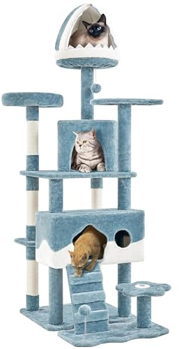 Yaheetech Árbol rascador para Gatos Altura 184cm Estilo Océano con Plataformas Cueva Torre Escalador Multiniveles Pompon Torre para Gatos Azul y Blanco