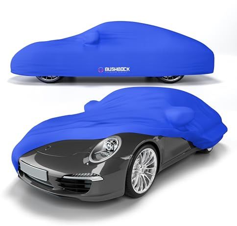 BUSHBOCK® Funda de Coche Interior de Porsche o Similar. Lona Protectora de satén, Lona para Coche, Garaje Interior (Azul, M)