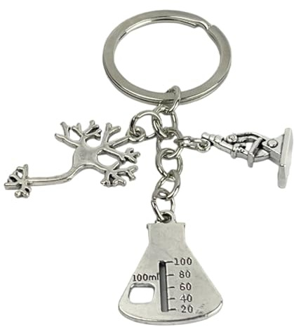 Porte-clés anatomie neurone scientifique - Porte-clés scientifique avec neurone, flacon et microscope - Accessoire en métal pour amateurs de science, chimie, recherche... - Porte-clés unisexe homme et