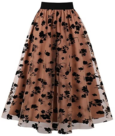 Odizli Jupe en tulle pour femme, style rockabilly, vintage, élastique, taille haute, imprimé cœur, ligne A, swing, kaki, L