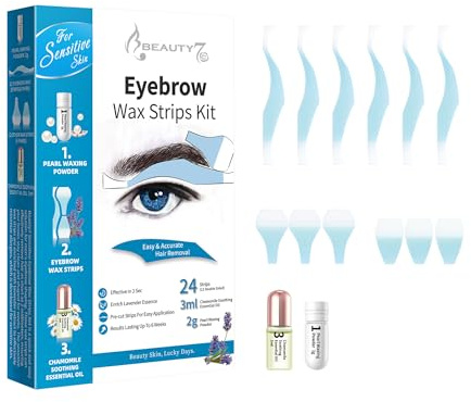 Strisce di Cera Depilatorie Sensibili del Sopracciglio Uomini, Confezione da 24 Strisce di Cera con 2g Polvere di Perle 3ml di Olio Essenziale di Camomilla Beauty7