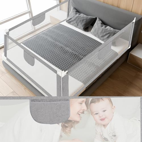 Jopassy Barrera de protección contra caídas de 180 cm, rejilla de protección para cama infantil, para niños y padres, altura regulable 64-96 cm, con malla aireada, estable, gris, 2 unidades