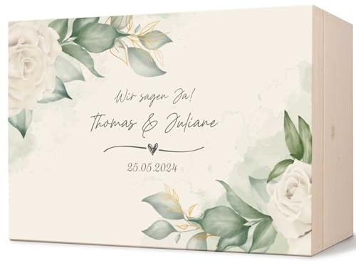 GRAVURZEILE Personalisierte Erinnerungskiste mit UV-Druck - Wedding Love Design - Personalisiert mit Namen & Datum - Erinnerungsbox für das Brautpaar - Geschenk zur Hochzeit