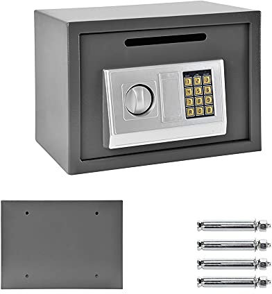 Caja fuerte electrónica 16L con llave y contraseña, construcción de acero, caja fuerte digital para el hogar, oficina y hotel, fijación a la pared y al suelo, 25 x 35 x 25 cm, gris