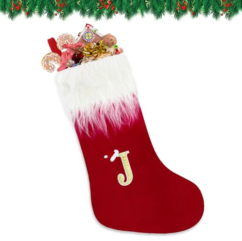 VReder Weihnachtsstrümpfe, 56 cm weißer Bart personalisierte gestickte Strümpfe mit Buchstaben, rote Kamin-Hänge-Nikolaus-Socken für Weihnachtsbaum-Dekor Weihnachtsgeschenk (Monogramm J)