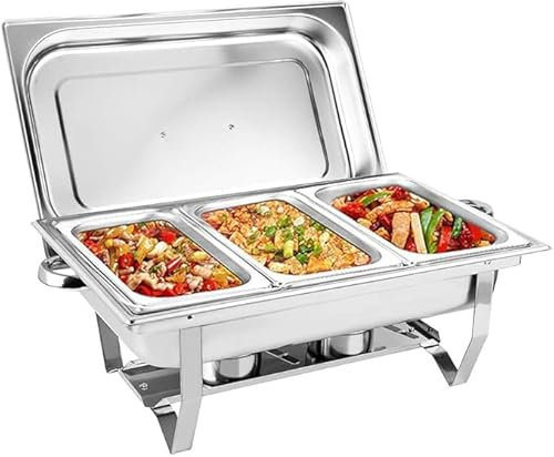 MEHOOSPVN Chafing Dish Buffet Set 3 Pan 9L Food Warmer Set 3 * 3L Pans with Lid and Fuel Container, Stainless Steel Buffet Server for Buffets, Hotel Breakfast Areas, Catering, Parties Wedding Banquets