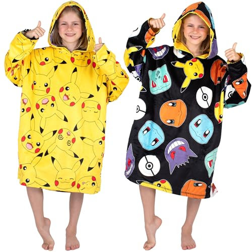Pokemon - Couverture à capuche réversible surdimensionnée pour enfants super douce double face Pikachu polaire à capuche cadeau pour garçons - Taille unique - Noir/jaune