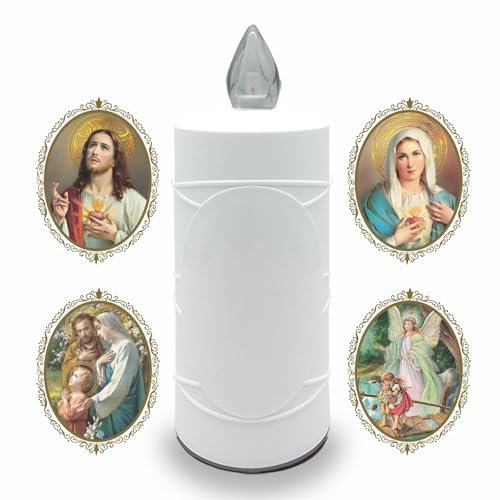 AROBA LED Grave Candle Mourning Light - Flickering Effect Like Real Candle - Long Burning Time up to 120 Days - Reusable Cemetery Candle - White Includes Selection of Saints