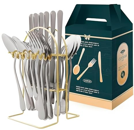 FATASH Cutlery Set with Stand (Silver, 24 Piece) Stainless Steel Cutlery Set for 6 People, Dishwasher Safe Mirror Polished Knives, Forks, Spoons & Teaspoons with Hanging Organiser - Gift Box