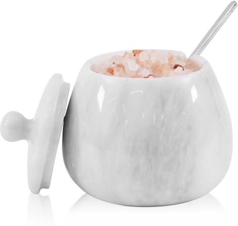 Marmor saltkällare med lock 10 cm handgjord vit sten behållare med sked, bänkskiva salt och pepparhållare för kök, kryddor, örter, kryddor, socker, smaktillsatser