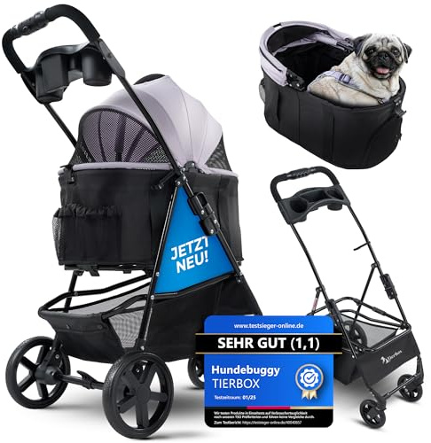 Tierbox Hundebuggy bis 10kg Hundewagen für kleine Hunde klappbar mit QuickFold, Katzenwagen in Rosa