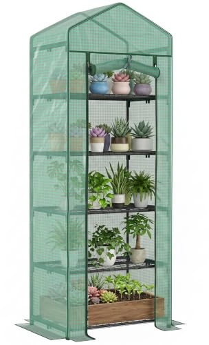 Outsunny Gewächshaus mit Rolltür Balkon/Garten 69 x 49 x 193 cm Grün | Regale, Winterfest Foliengewächshaus aus Stahl, Treibhaus, Tomatenhaus, Tomatengewächshaus, für Tomaten, Blumen