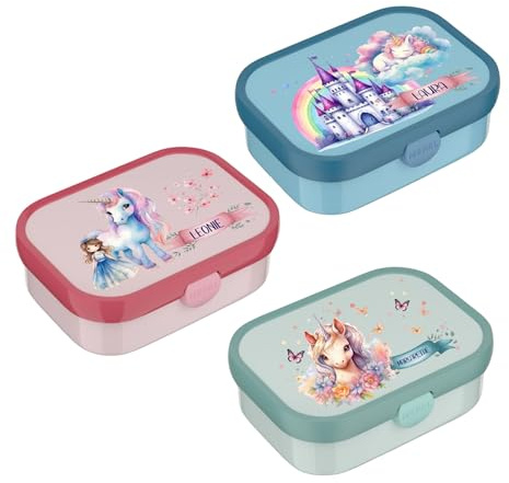 wolga-kreativ Mepal Campus Brotdose Kinder mit Fächern - Personalisierte Lunchbox mit Namen für Schule, Kindergarten und Einschulung - Motiv Einhorn - Brotbüchse mit Unterteilung Kinder