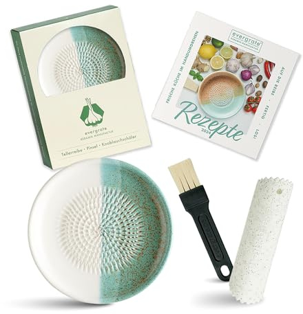 Evergrate® Keramikreibe Ice mit Geschenkbox – mit Reibe, Knoblauchschäler, Rezeptheft & Pinsel – Handgefertigt für Ingwer, Knoblauch & mehr – Spülmaschinenfest & langlebig