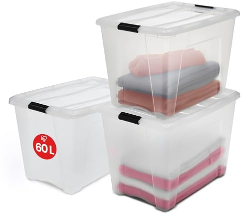 Iris Ohyama Aufbewahrungsboxen mit Deckel, 60L, 3er-Set, Transparent, Sicherer Verschluss, Stapelbar, Griffe, für Schlafzimmer, Schrank, Organisation, BPA-freies Plastik, Ordnungsboxen, NTB-60