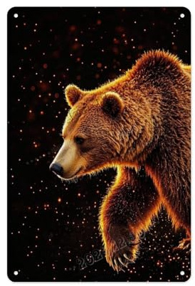 Plaque murale vintage en aluminium pour cabine, grotte d'homme ou pavillon de chasse Motif ours sauvage sur fond noir 20,3 x 30,5 cm