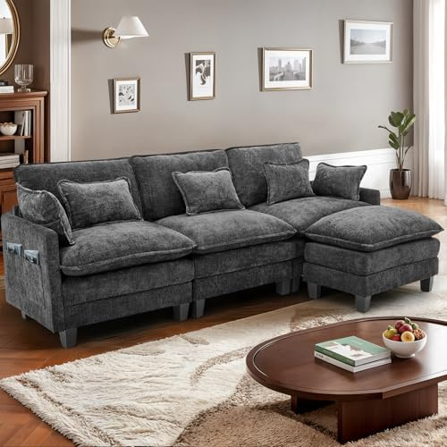 IUXPAM Modulares Ecksofa Sofa, L-förmige Couch fürs Wohnzimmer, extra Tiefe, Bequeme Chenille-Wolkensofas mit Dekokissen und beweglichem Ottoman (Schwarz, 3 Sitze mit 1 Ottomane)