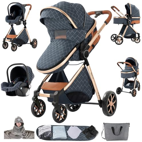 Sianldcone 3 i 1 Baby Vagn, Premium Tyger Baby Vagn 3 Delar, Tvåvägs Push Barnvagnar, Öppen Vision Vändbar Walk-Stol (YV9 Blue)