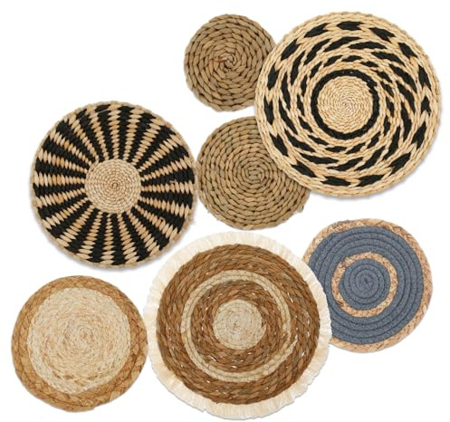Fyeme 7 Stück Boho Wandkörben Aus Rattan Rund Aufhängbar Handgefertigt Strohflechten Wanddekoration für Bauernhaus Haus Schlafzimmer Esstisch Landhausstil Dekoration