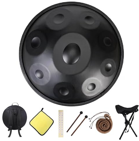 55Cm Handpan Drum Instrument Steel Drum 9/10/12 Notes Stahl-Handpan-Trommel 432Hz/440Hz Hand Pan Mit Soft Hand Pan Tasche, Schlegel, Ständer(Black,440HZ/12Note)