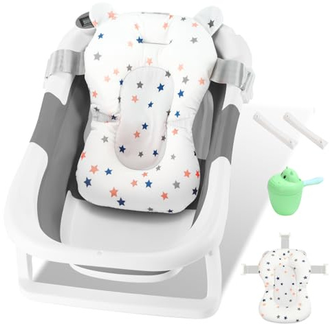 Peviasot Baby Badewanne, Klappbare Badewannen, Dreifach Faltbare Bathtub, Kinderbadewanne mit Thermometer und Badematten-Stützpolster, Rutschfeste Matte, Baby Bathtub für Neugeborene Kleinkinder, Grau