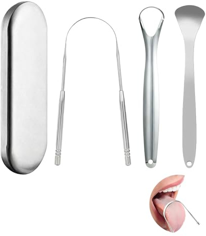 Tongue Scraper Set of 3 - Premium Stainless Steel Tongue Cleaners with Travel Case, Metal Tongue Scraper, Fresh Breath, and Bad Breath Reduction - Reusable Tongue Scraper Tool for Adults and Kids