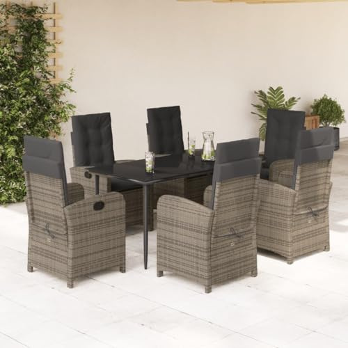 Yunovire 7-TLG. Garten-Essgruppe mit Kissen Grau, Poly Rattan, verstellbare Relaxsessel, 160x80cm Tisch, UV-beständig für Terrasse, Balkon & Außenbereich