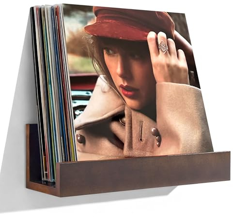Thoueyren Vinyl Record Shelf Wall Mount, Large Record Holder – Storage & Display for Multiple Albums, Wooden Vinyl Record for Music Room, Living Room, Bedroom (Walnut Color)