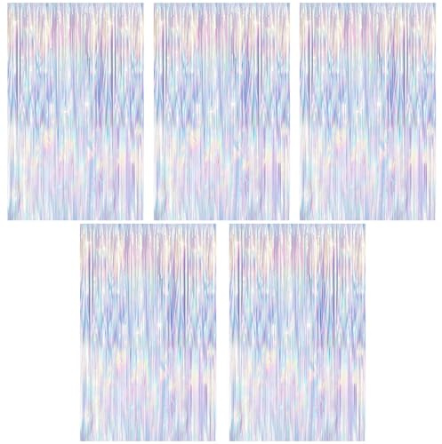 Roosea 5Pcs Rainbow Tinsel Curtains, 3.3ft x 6.6ft Iridescent Purple Tinsel Foil Fringe Curtain, Party Streamers Backdrop Lilac Curtain Metallic for Birthday Party Disco Mermaid Decorations
