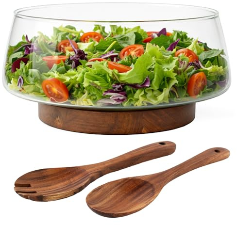 MIAMIO - Stor Glassaladskål 3,5L med Serveringstillbehör, Glassaladskål med Träbas av Akaciaträ, Fruktskål i Glas